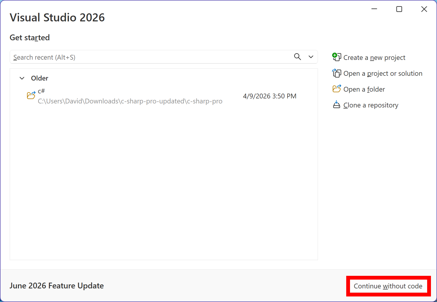 Úvodná obrazovka Visual Studia v angličtine - MS-SQL databázy krok za krokom