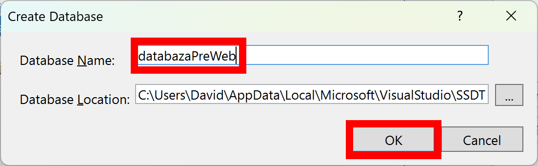 Dialóg vytvorenia novej databázy - MS-SQL databázy krok za krokom