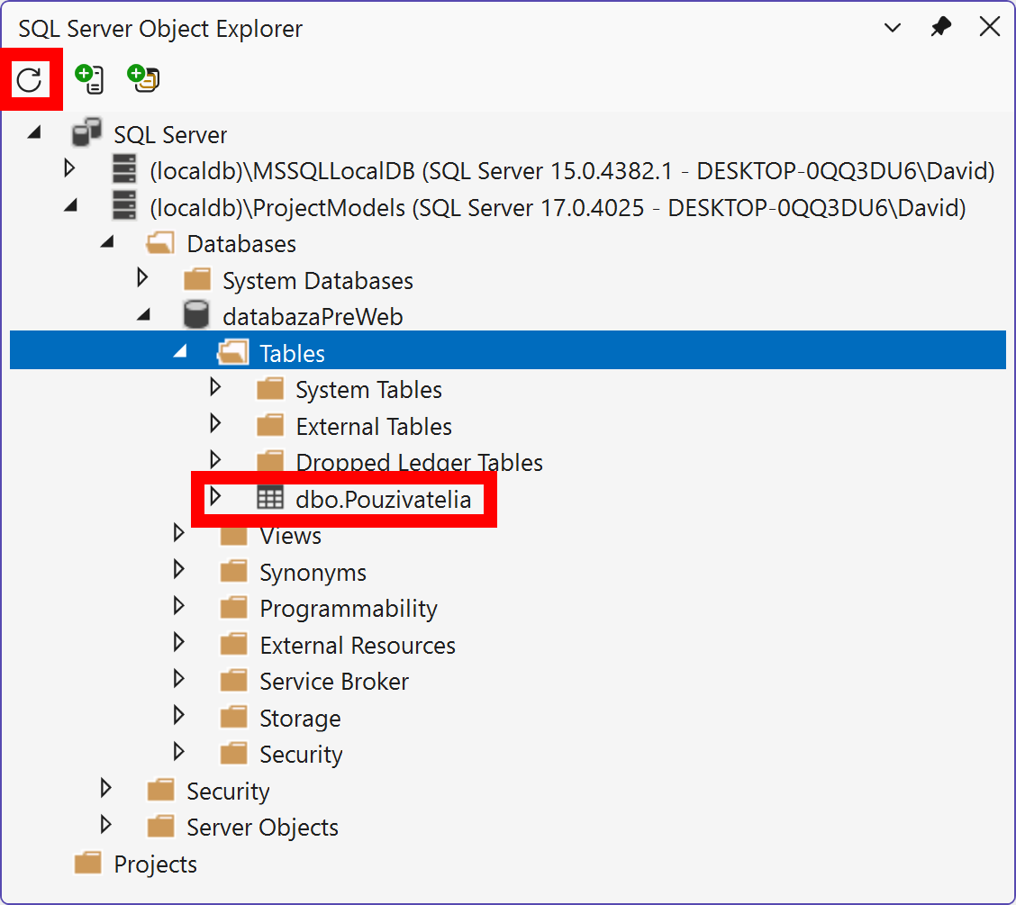 Nová tabuľka v SQL Server Object Explorer - MS-SQL databázy krok za krokom