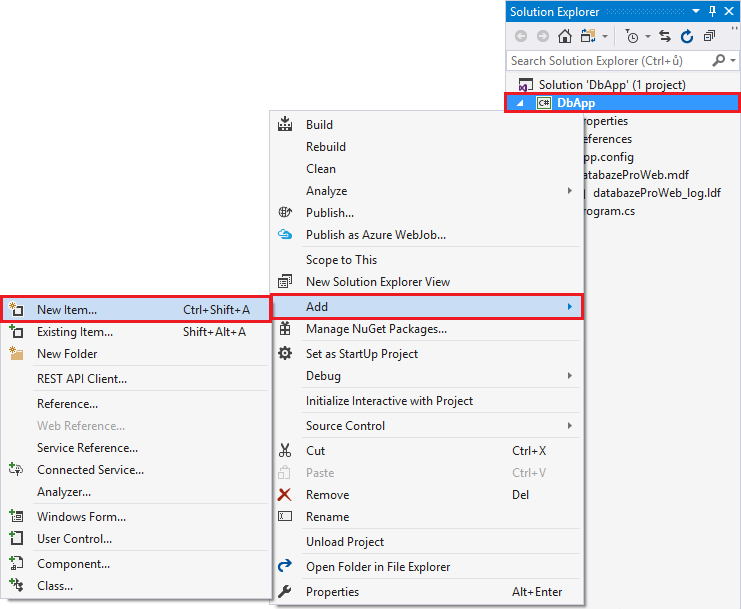 Pridanie databázy do projektu vo Visual Studio - MS-SQL databázy krok za krokom
