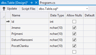 Stĺpce v novej tabuľke vo Visual Studio - MS-SQL databázy krok za krokom