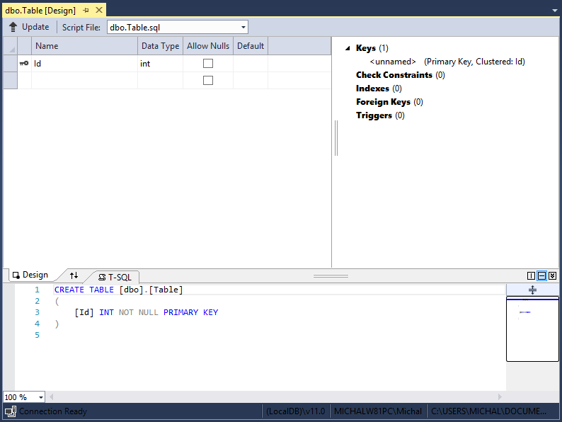 Vytvorenie tabuľky vo Visual Studiu - MS-SQL databázy krok za krokom