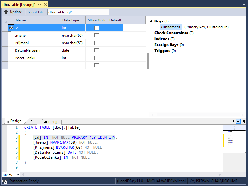 Vytvorenie tabuľky v Visual Studio - MS-SQL databázy krok za krokom