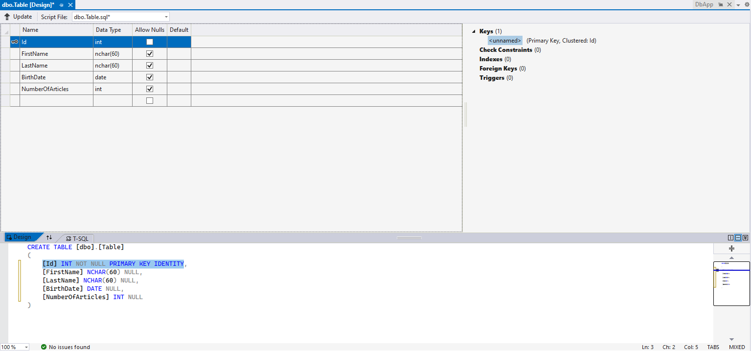 Vytvorenie tabuľky vo Visual Studio - MS-SQL databázy krok za krokom