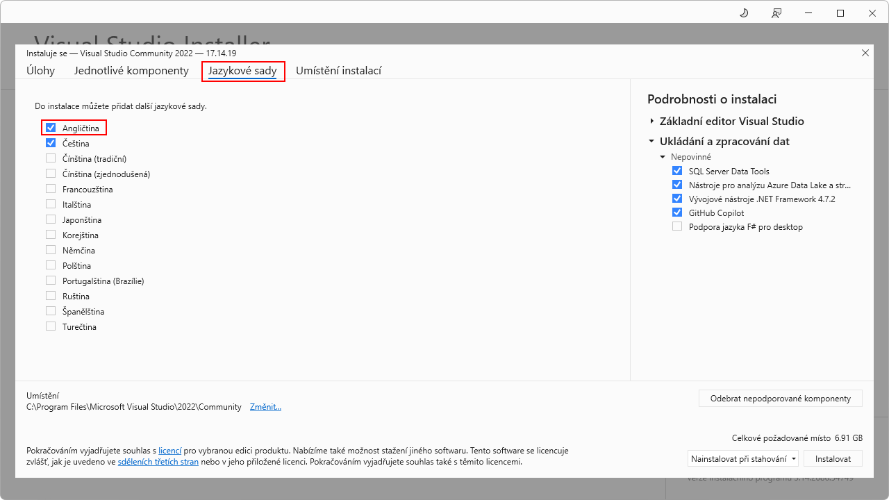 Výber angličtiny vo Visual Studio Installer - MS-SQL databázy krok za krokom