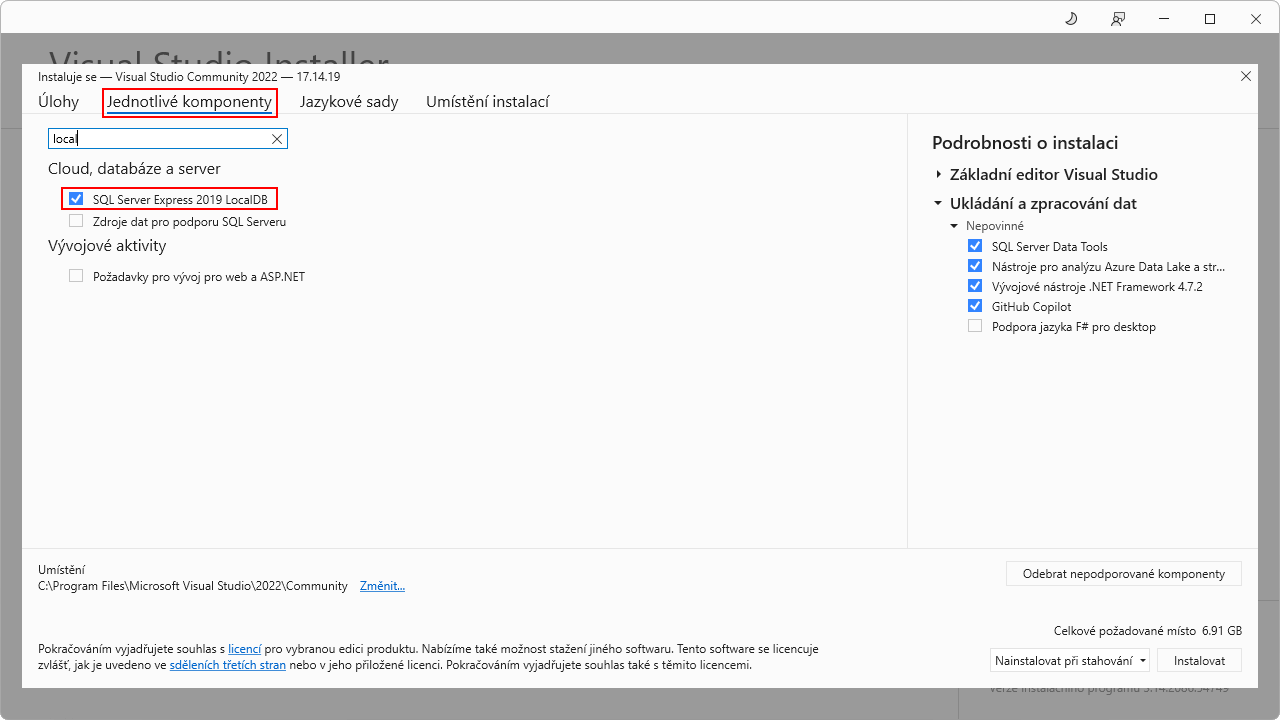 Výber LocalDB vo Visual Studio Installer - MS-SQL databázy krok za krokom