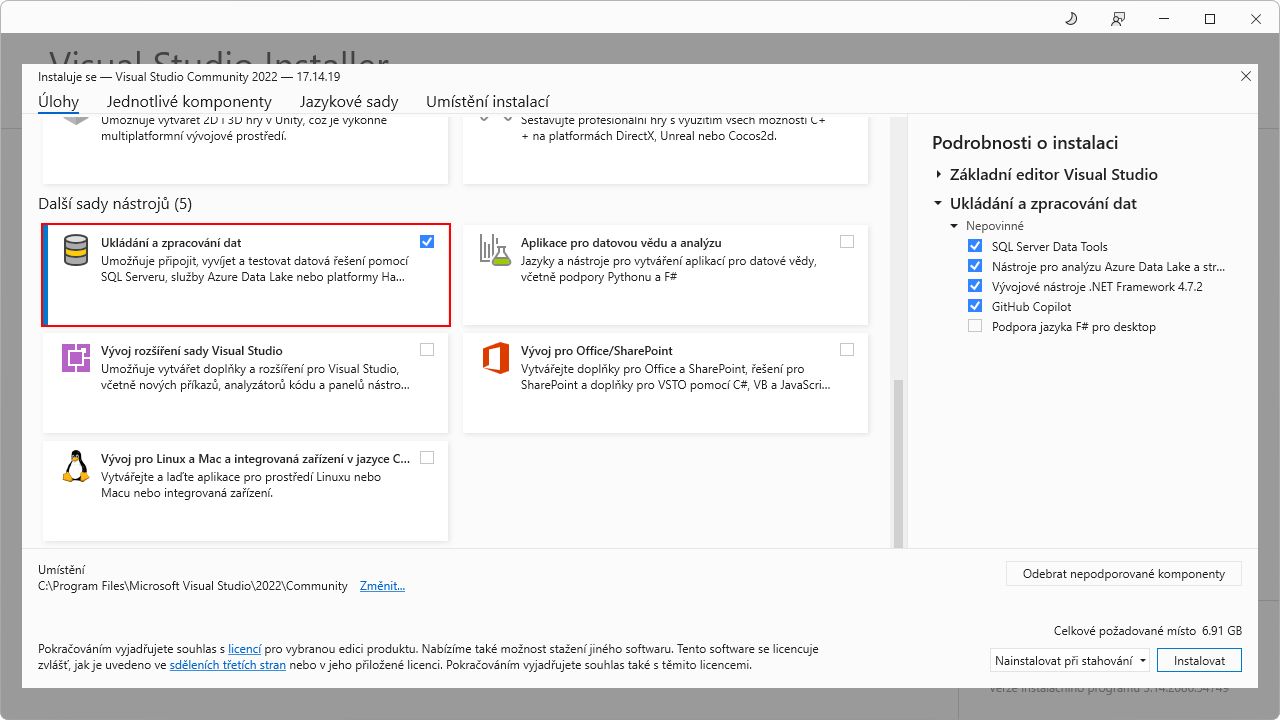 Výber sady vo Visual Studio Installer - MS-SQL databázy krok za krokom