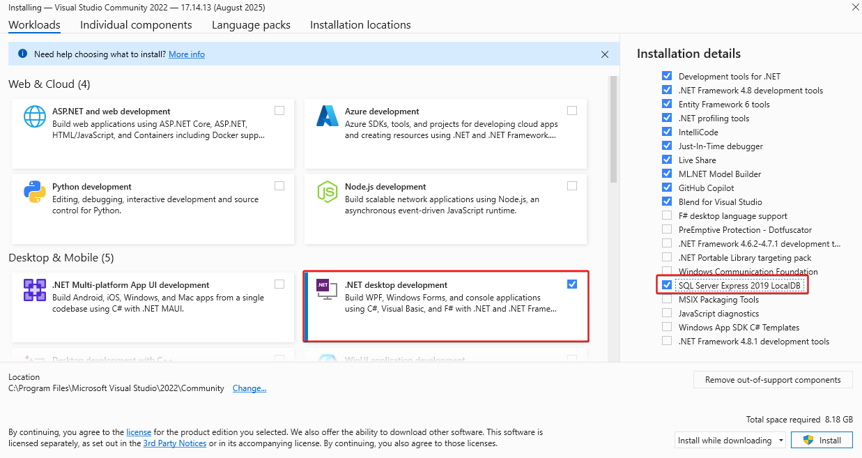 Voľba inštalácie .NET a LocalDB - MS-SQL databázy krok za krokom