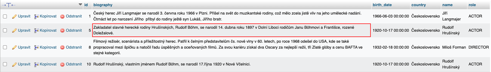 Editované dáta v databázi