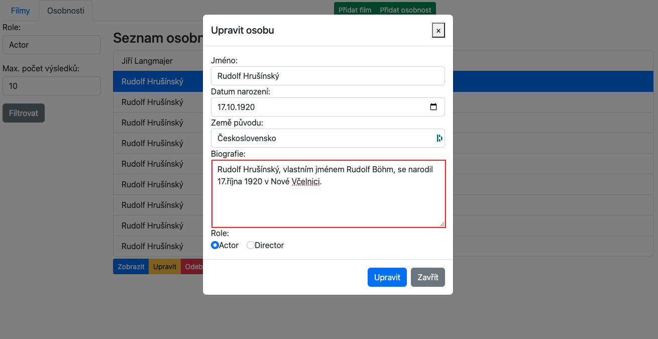 Editované dáta osoby
