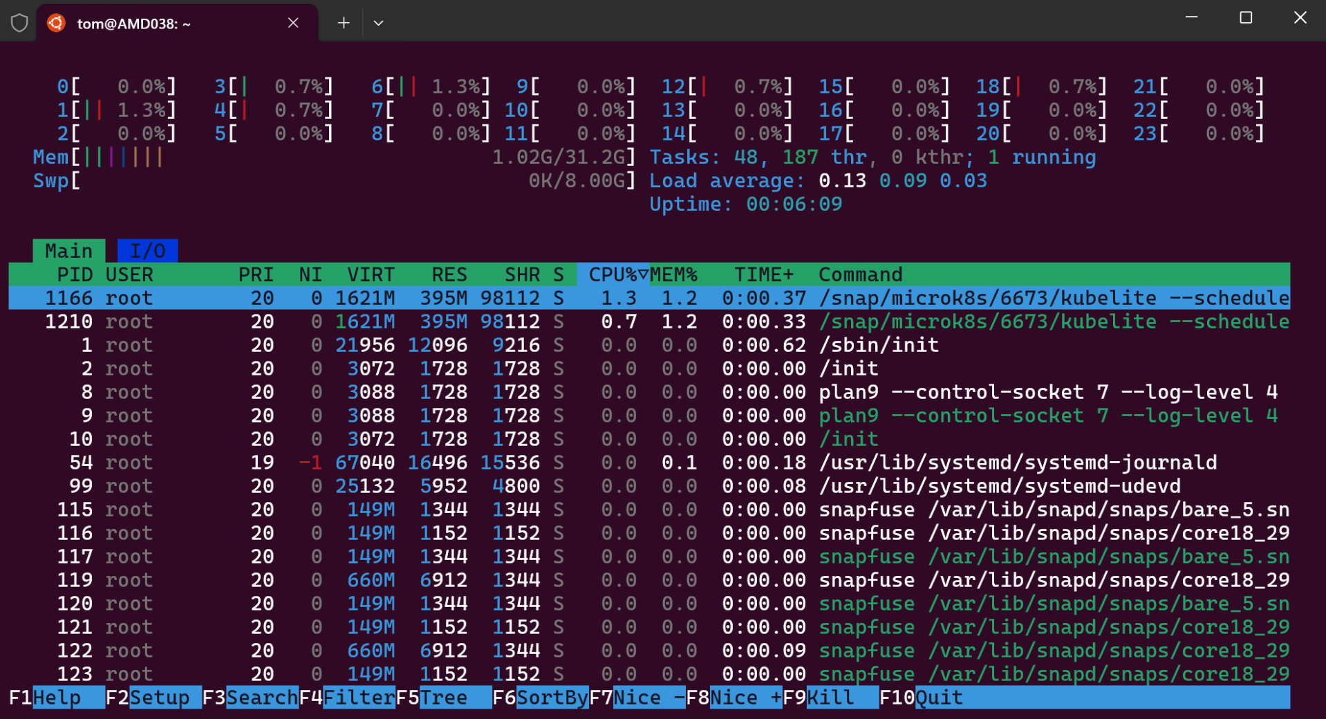 Výstup nástroja htop v Linuxe - Prevádzka počítačových sietí