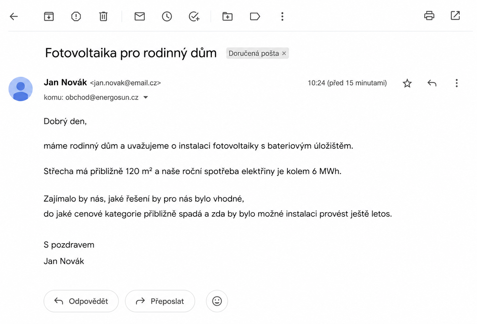E-mail zákazníka s dopytom fotovoltaiky a batériového úložiska - Business AI - Automatizácia, asistenti a agenti pre firmy - Business AI - Automatizácia, asistenti a agenti pre firmy