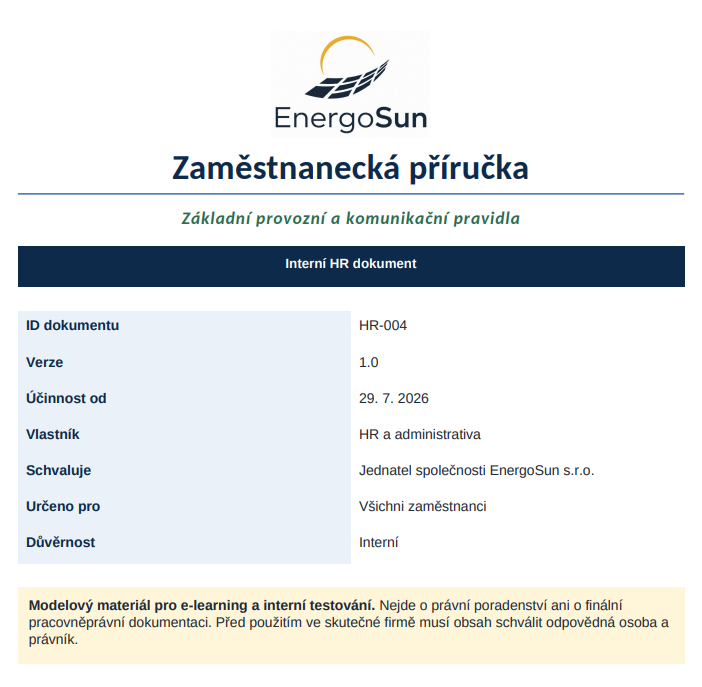 Titulná stránka zamestnaneckej príručky spoločnosti EnergoSun - Business AI - Automatizácia, asistenti a agenti pre firmy - Business AI - Automatizácia, asistenti a agenti pre firmy