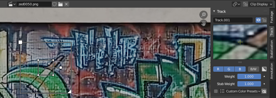 Vnútorná štvorec je track, vonkajšia vyhľadávacie oblasť - Vizuálne efekty v Blenderu