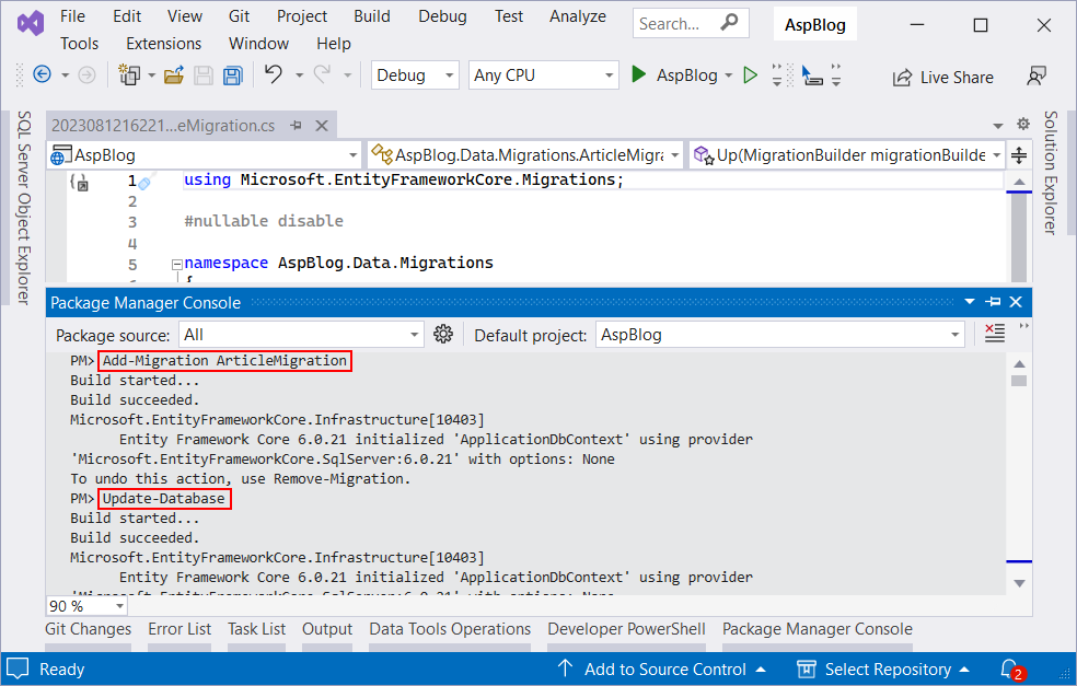 Pridanie migrácie ArticleMigration vo Visual Studio - Základy ASP.NET Core MVC