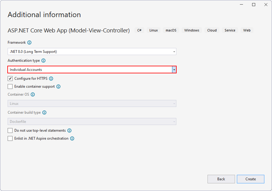 Výber overenia v ASP.NET Core MVC projektu vo Visual Studio - Základy ASP.NET Core MVC