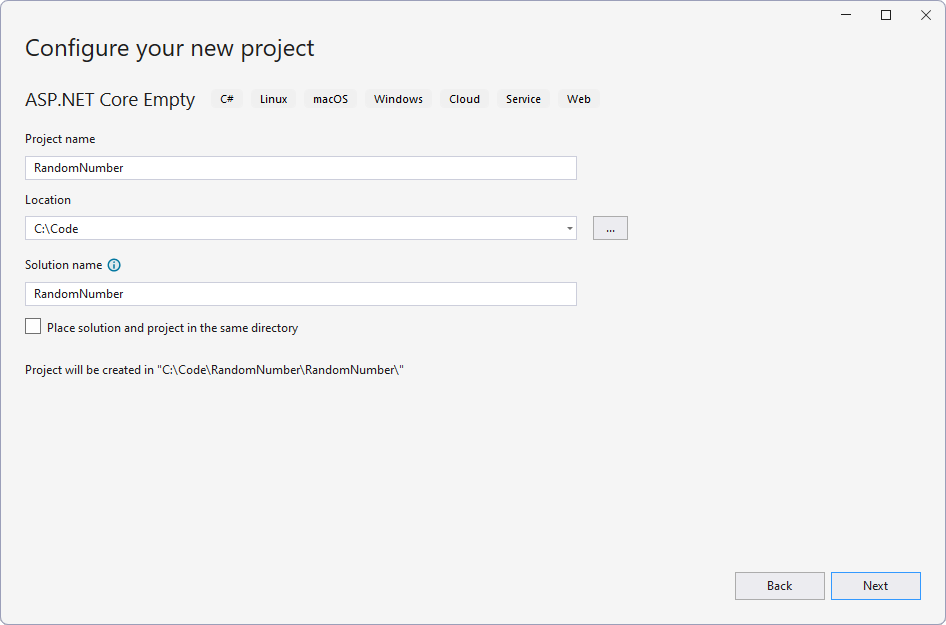 Okno Configure your new project vo Visual Studio - Základy ASP.NET Core MVC