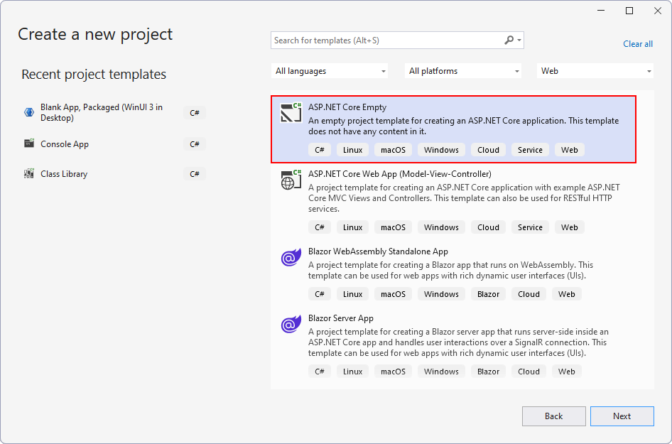 Okno Create a new project vo Visual Studio - Základy ASP.NET Core MVC