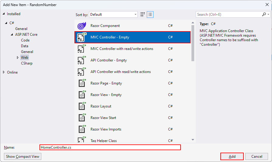 Pridanie HomeController vo Visual Studio - Základy ASP.NET Core MVC