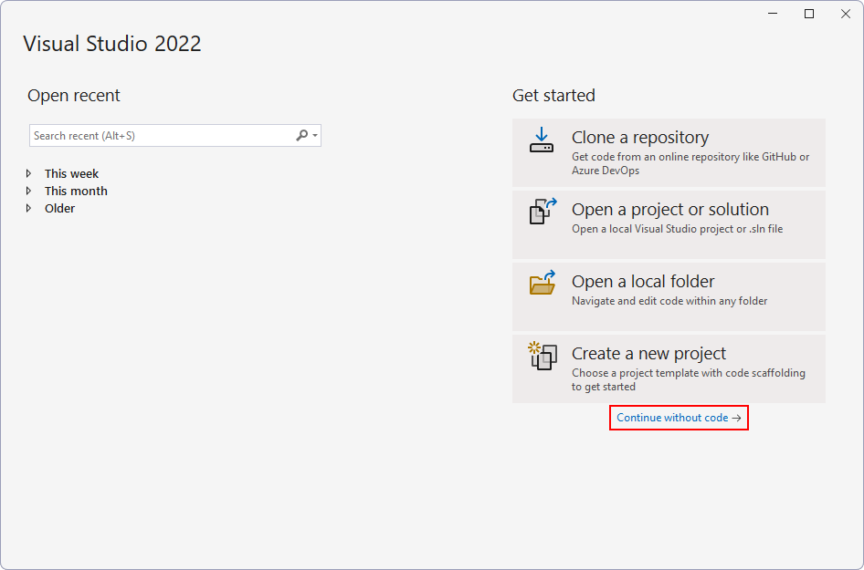 Visual Studio 2022 – Pokračovať bez kódu na úvodnej obrazovke - Základy ASP.NET Core MVC