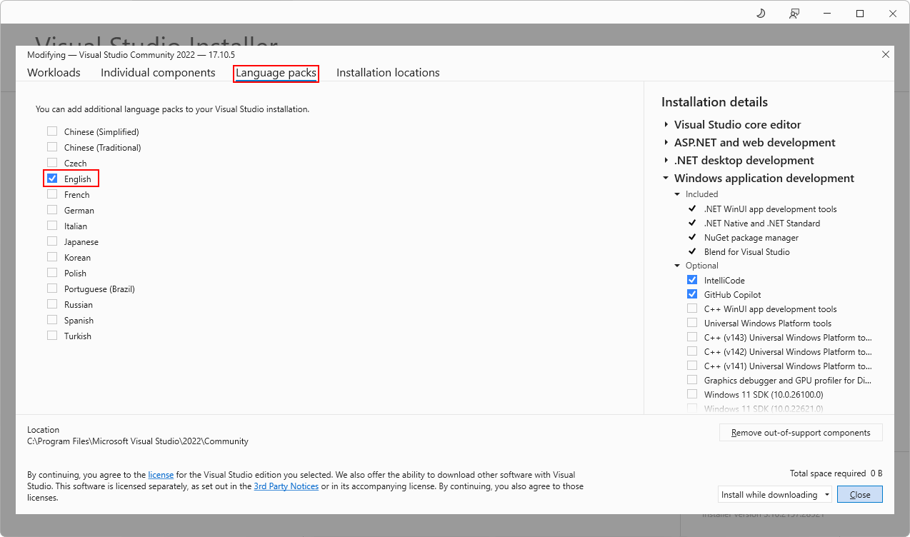 Visual Studio Installer – Inštalácia angličtiny - Základy ASP.NET Core MVC