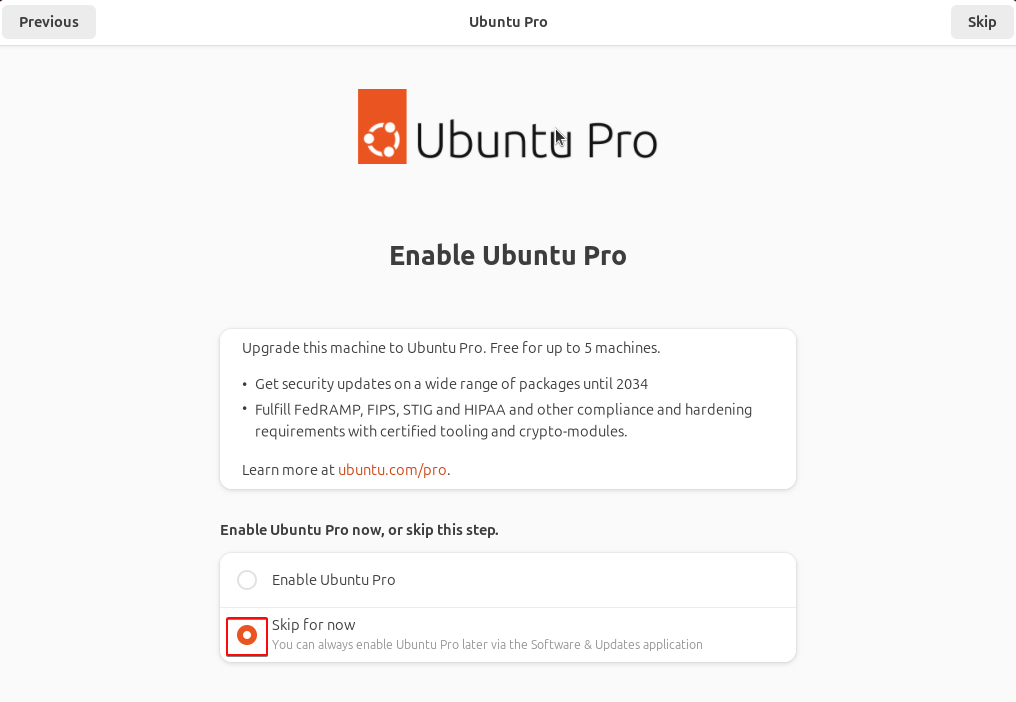 Voľba preskočiť aktiváciu Ubuntu Pro - Základy Linuxu - Základy Linuxu