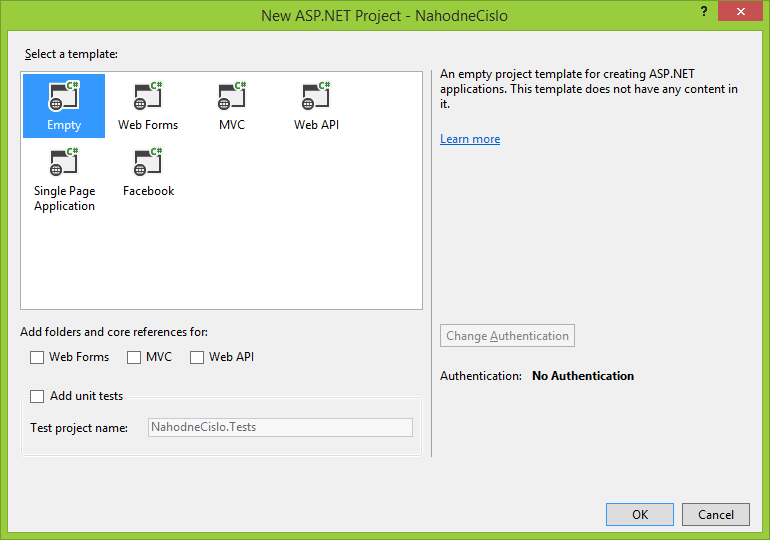 Prázdny ASP.NET MVC projekt vo Visual Studio - ASP.NET Web Forms