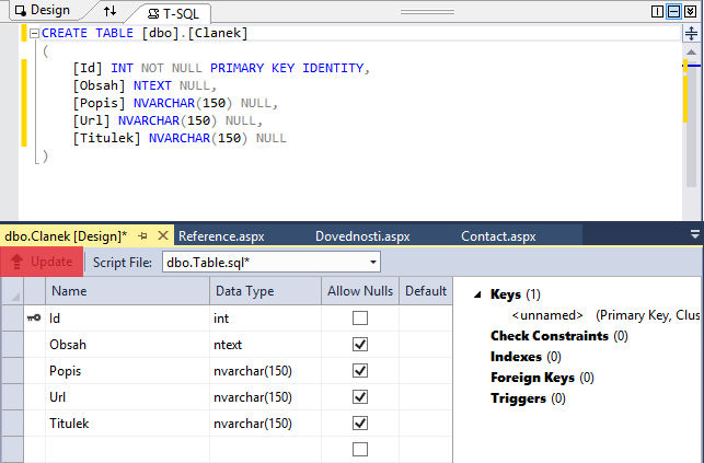 Uloženie databázovej tabuľky pre ASP.NET vo Visual Studio - ASP.NET Web Forms