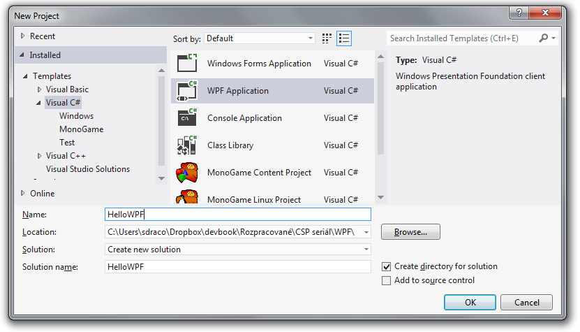 Nový projekt C# .NET WPF aplikácie vo Visual Studio - Okenné aplikácie v C # .NET WPF