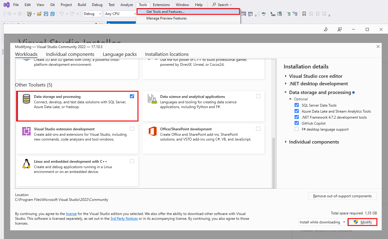 Kontrola instalace funkcie Data storage and processing vo VS - Databázy v C# - ADO.NET