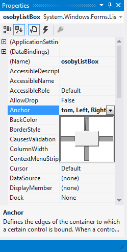 Kotvy anchors vo Visual Studio - Okenné aplikácie v C # .NET vo Windows Forms