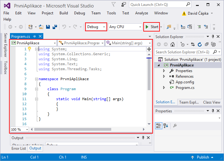 Okno Visual Studia - Základné konštrukcie jazyka C # .NET