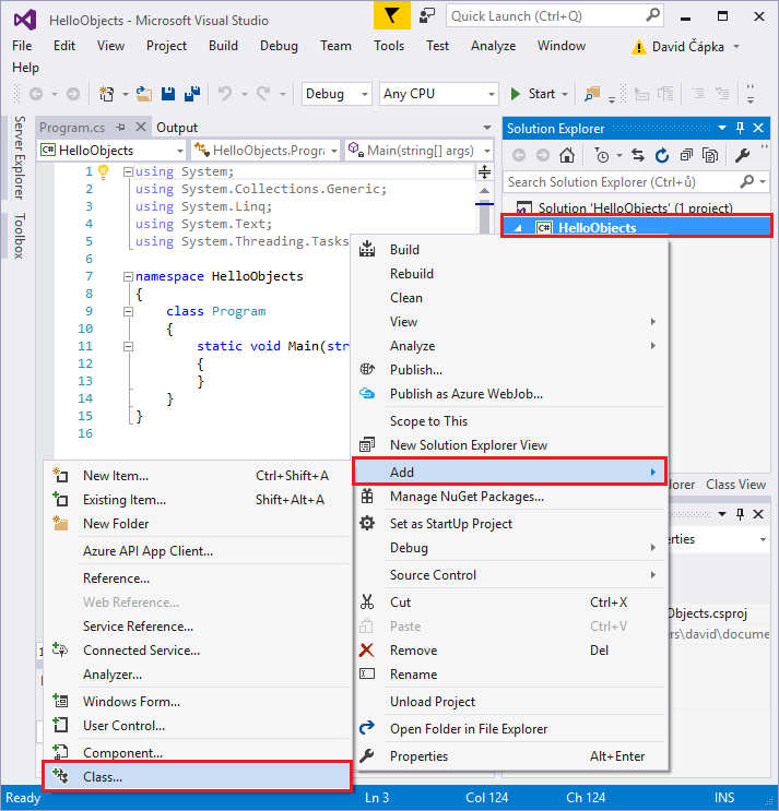 Pridanie novej triedy class k C # projektu vo Visual Studio - Objektovo orientované programovanie v C #