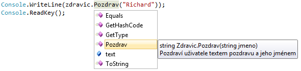 Metódy objektu Zdravice vo Visual Studio - Objektovo orientované programovanie v C #