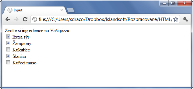Ukážka formulárového poľa input typu checkbox - Formuláre - Český HTML 5 manuál
