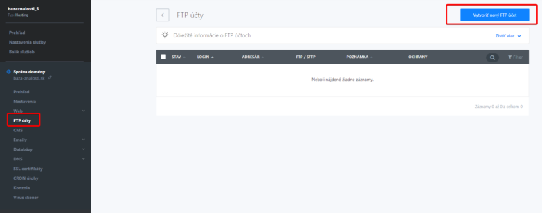 FTP účty - Webové stránky krok za krokom