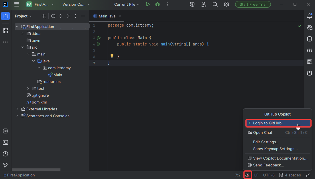 Prihlásenie do GitHub Copilota v IntelliJ IDEA. - Základné konštrukcie jazyka Java