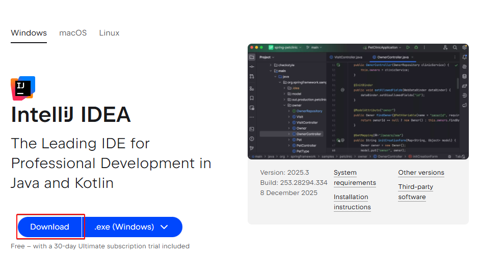 Stiahnutie inštalátora IntelliJ IDEA - Základné konštrukcie jazyka Java