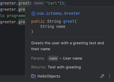Metódy objektu greeter v IntelliJ - Objektovo orientované programovanie v Jave