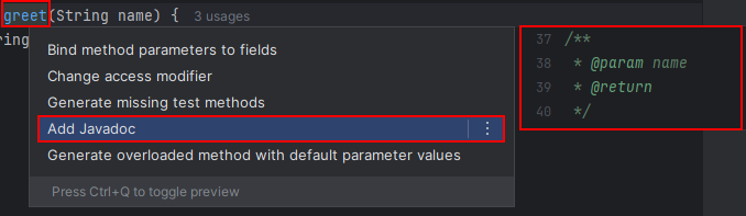 Metódy objektu greeter v IntelliJ - Objektovo orientované programovanie v Jave