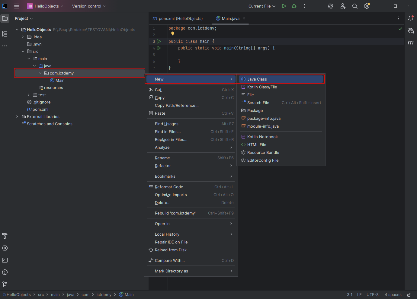Pridanie novej triedy class k Java projektu v IntelliJ - Objektovo orientované programovanie v Jave