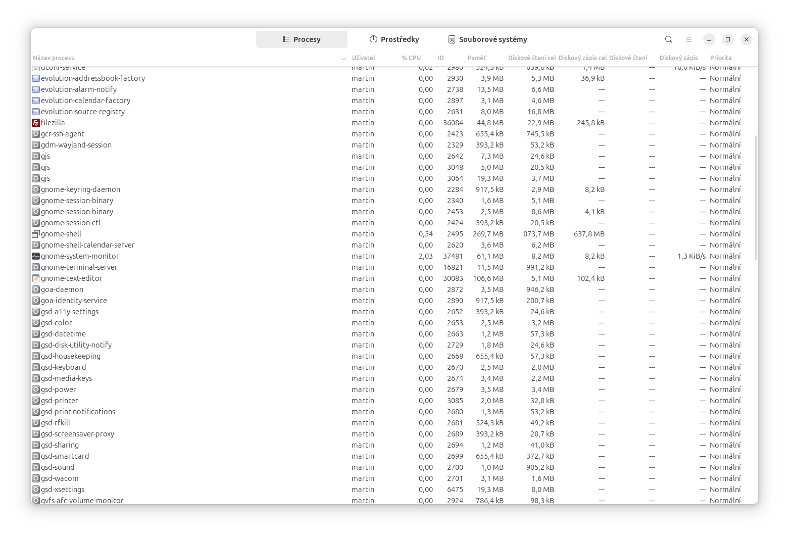 GNOME System Monitor – procesy - Základy Linuxu - Základy Linuxu