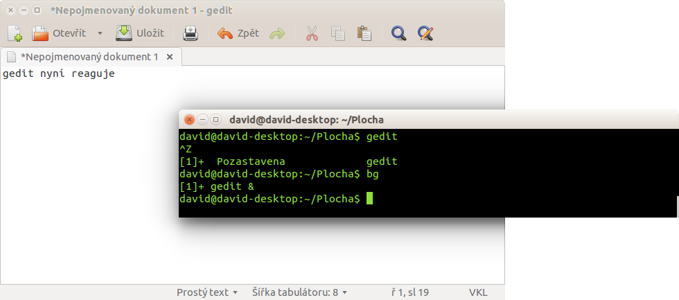 Gedit spustený ako proces v Bashi - Základy Linuxu