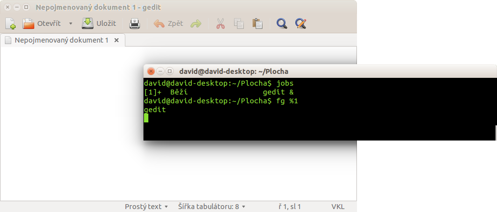 Gedit spustený ako proces v Bashi - Základy Linuxu
