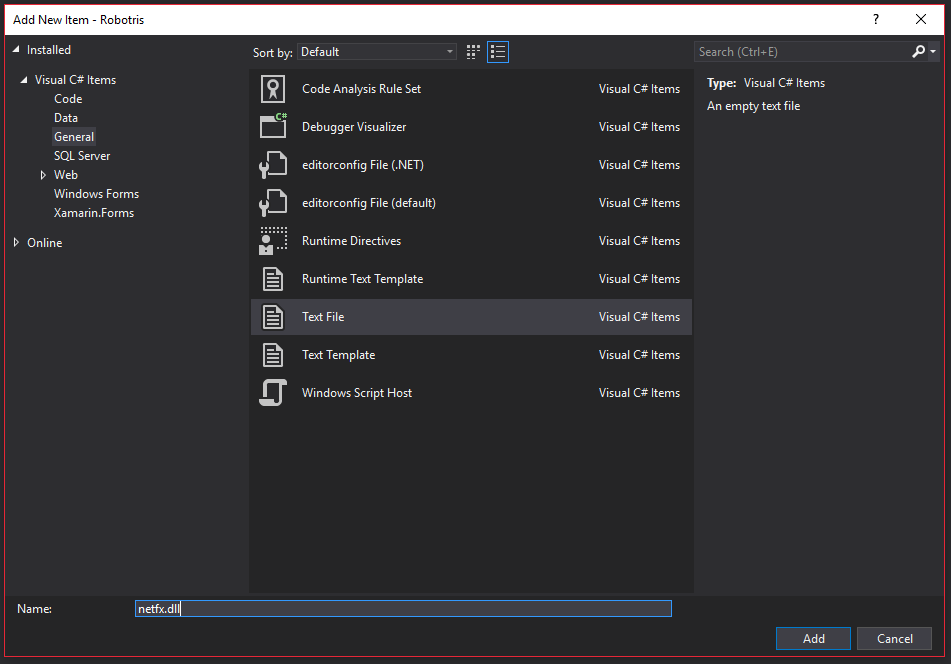 Pridanie nového súboru do projektu - Od nuly k tetrisu v MonoGame