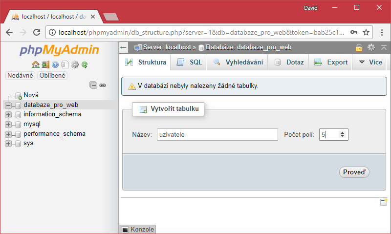 Vytvorenie tabuľky v phpMyAdmin - Databázy v PHP pre začiatočníkov