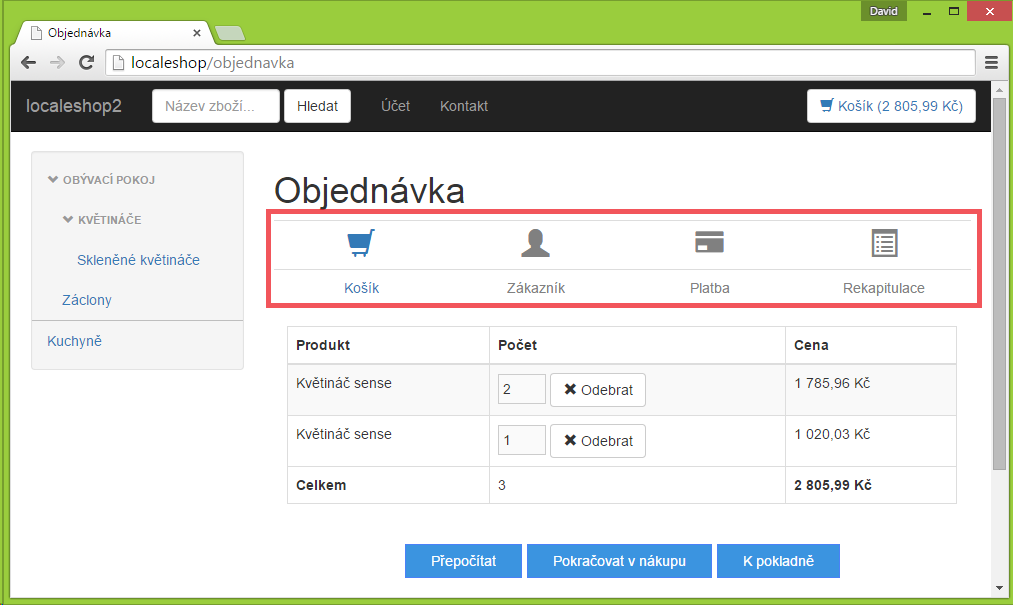 Widget s postupom objednávky