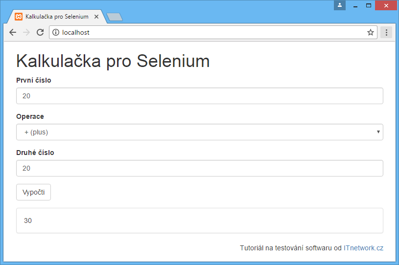 Formulár kalkulačky pre testovanie v Selenia