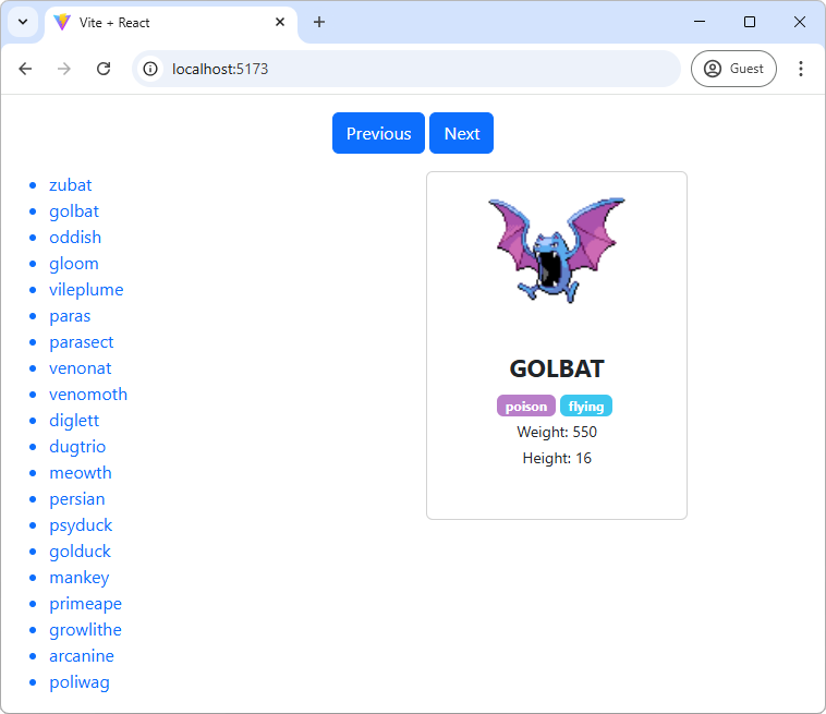 Detail pokémona vrátane jeho typov - Základy React