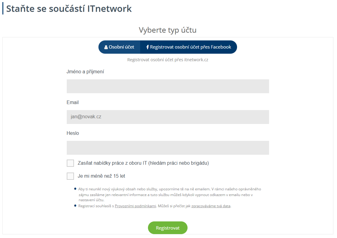 Registračný formulár itnetwork.cz - Práca a podnikanie v IT